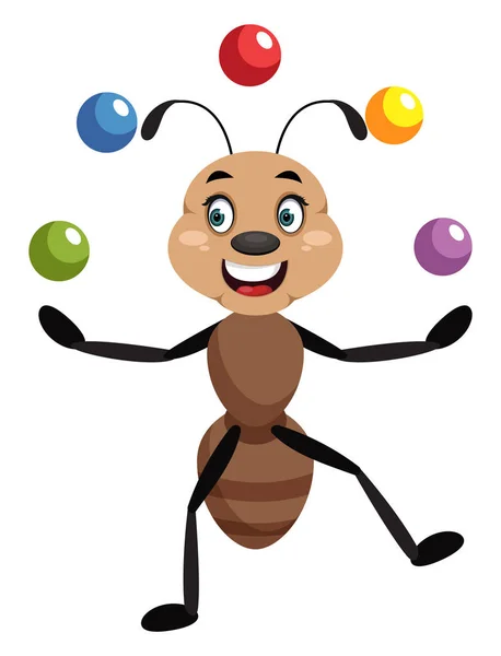 Ant juggling, illustration, vector on white background. — Stock Vector