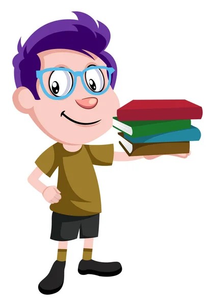 Boy holding books, illustration, vector on white background. — Stock Vector