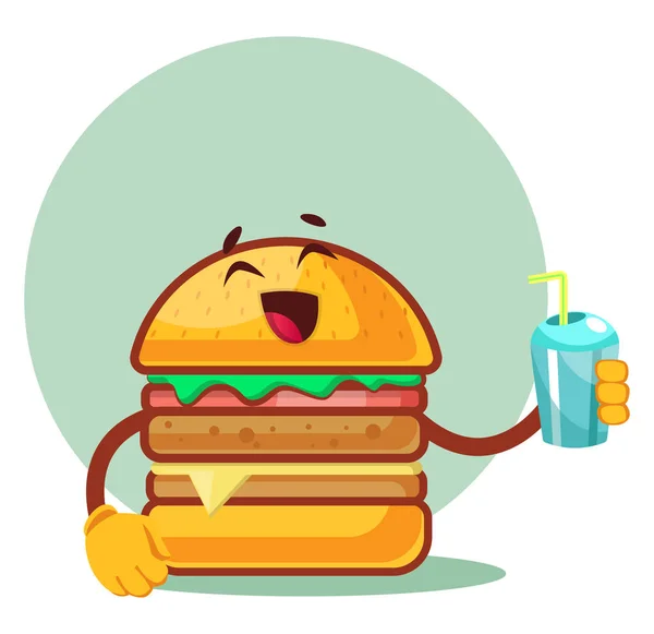Burger sta tenendo tazza con paglia, illustrazione, vettore su bianco — Vettoriale Stock