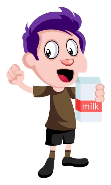 Boy holding milk, illustration, vector on white background. — Stock Vector
