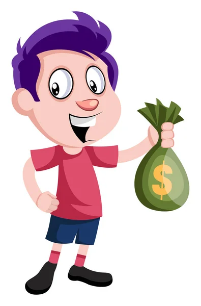 Niño con bolsa de dinero, ilustración, vector sobre fondo blanco . — Archivo Imágenes Vectoriales