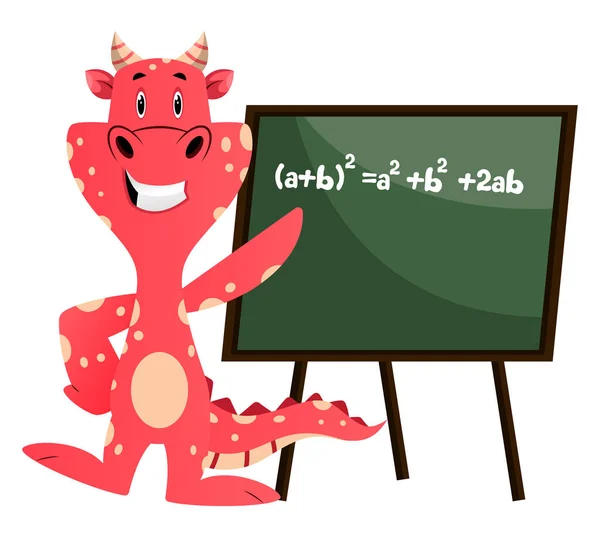 Red dragon is pointing on a blackboard, illustration, vector on — Stock Vector