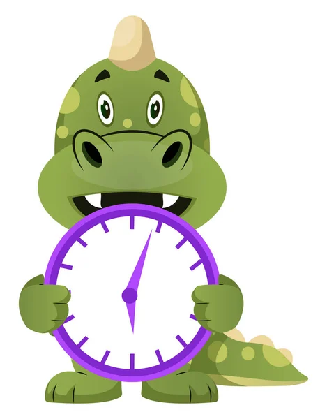 Zelený drak drží hodiny, ilustrace, vektor na bílém BAC — Stockový vektor
