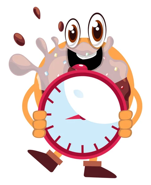 Donut Holding klok, illustratie, vector op witte achtergrond. — Stockvector