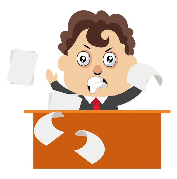 Angry man at the desk, illustration, vector on white background. — Stock Vector