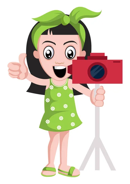 女孩与相机， 插图， 矢量在白色背景. — 图库矢量图片
