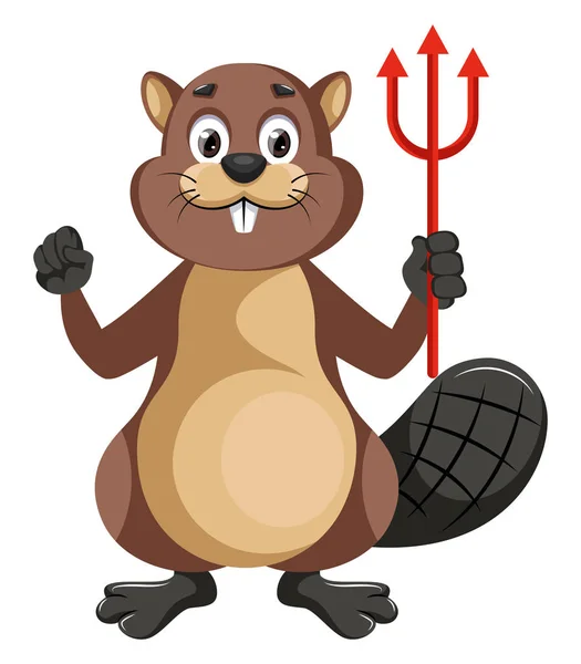 Beaver with devil spear, illustration, vector on white backgroun — Stock Vector