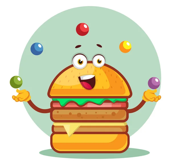 Burger está fazendo malabarismo com bolas coloridas, ilustração, vetor em w — Vetor de Stock