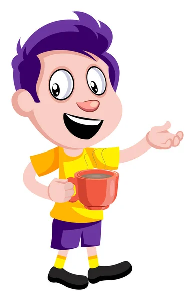 Boy with cup of coffee, illustration, vector on white background — Stock Vector