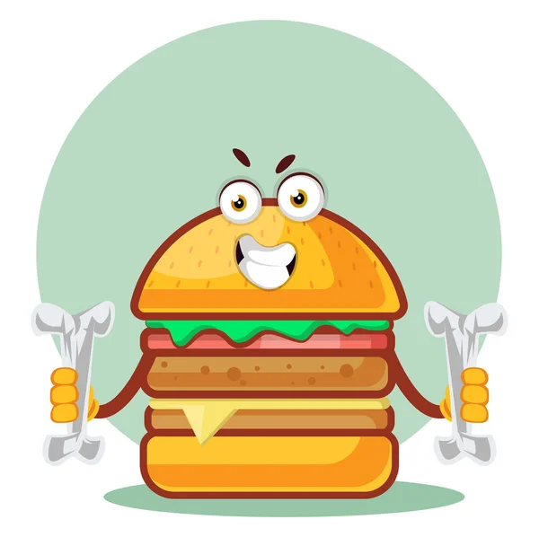 Burger está segurando dois ossos, ilustração, vetor em backg branco — Vetor de Stock