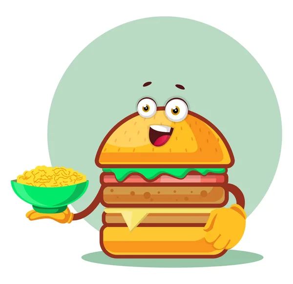 Burger sostiene un plato de pasta, ilustración, vector en el fondo blanco — Vector de stock