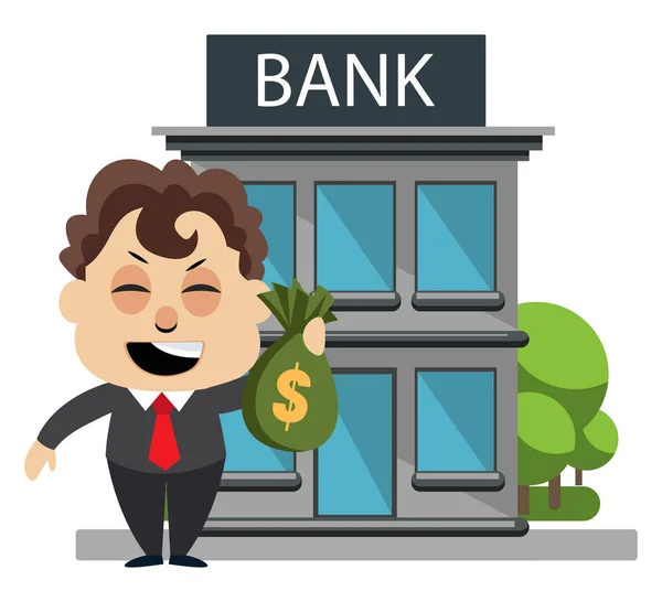 Man met geld op de Bank, illustratie, vector op witte backgr — Stockvector