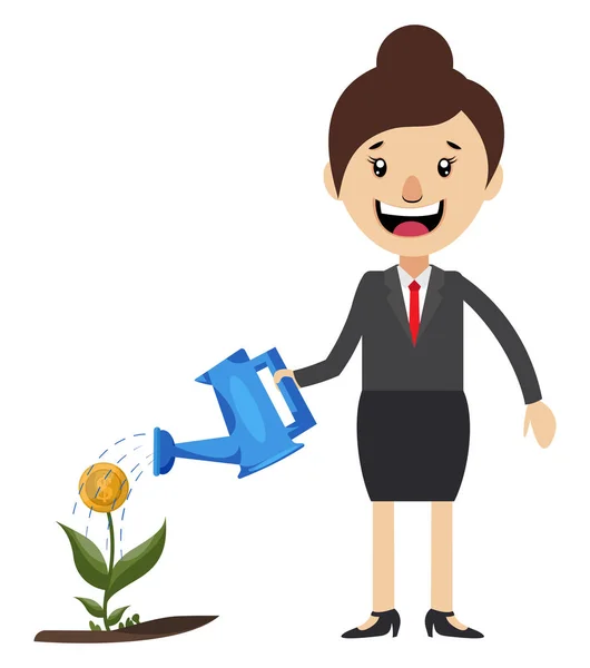 Vrouw drenken plant, illustratie, vector op witte achtergrond. — Stockvector