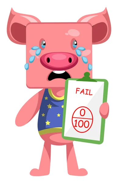 Pig with bad grade, illustration, vector on white background. — Stock Vector