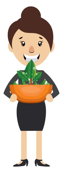 Vrouw Holding plant, illustratie, vector op witte achtergrond. — Stockvector