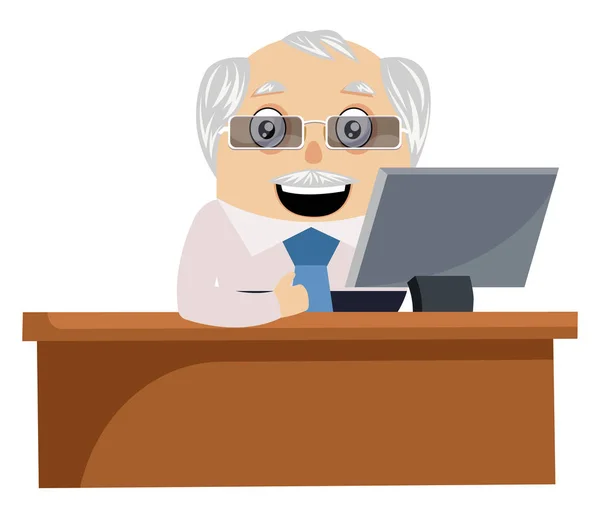 Vecchio che lavora alla scrivania, illustrazione, vettore su schienale bianco — Vettoriale Stock