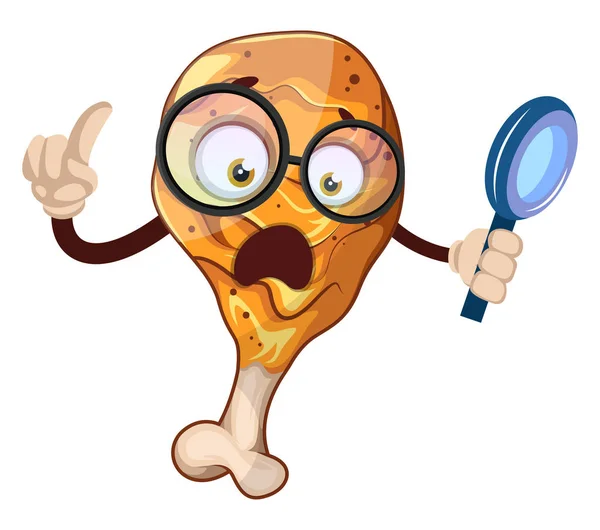 Surprised chicken leg as a scientist holding magnifying glass, i — Stock Vector