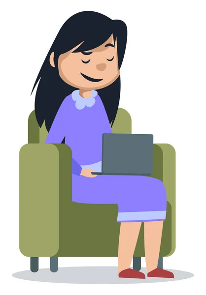 Girl sitting with laptop, illustration, vector on white backgrou — Stock Vector