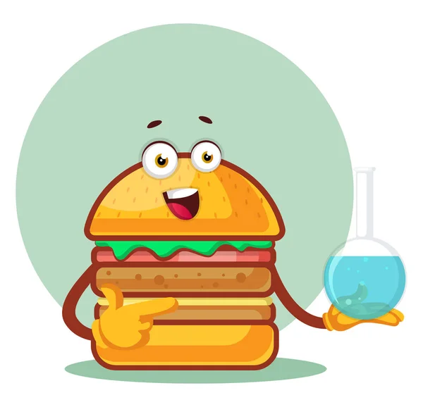 Burger está segurando um frasco de laboratório, ilustração, vetor em wh — Vetor de Stock