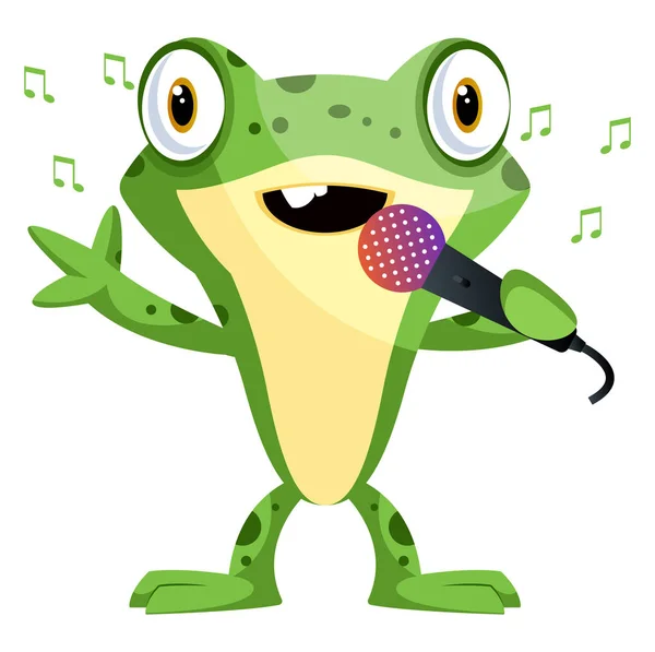 快乐青蛙吉祥物在麦克风上唱歌，插图，矢量 — 图库矢量图片