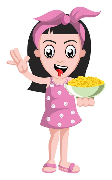 Girl holding snacks, illustration, vector on white background. — Stock Vector