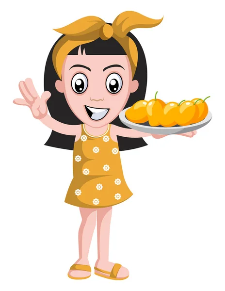 Girl with mangos, illustration, vector on white background. — Stock Vector