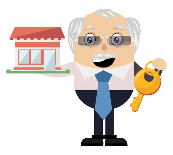 Old man with big key, illustration, vector on white background. — Stock Vector