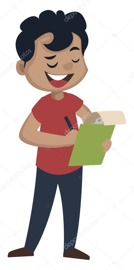 Boy is taking notes, illustration, vector on white background.