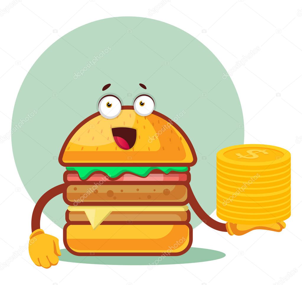 Burger is holding a pile of nickels, illustration, vector on whi