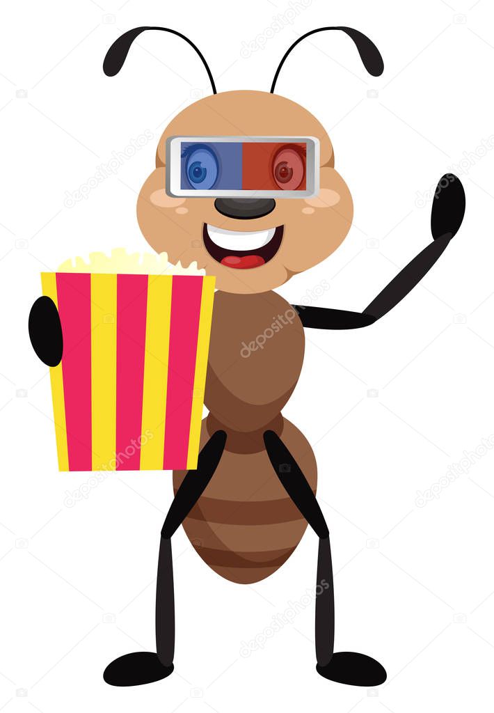 Ant with popcorn, illustrator, vector on white background.