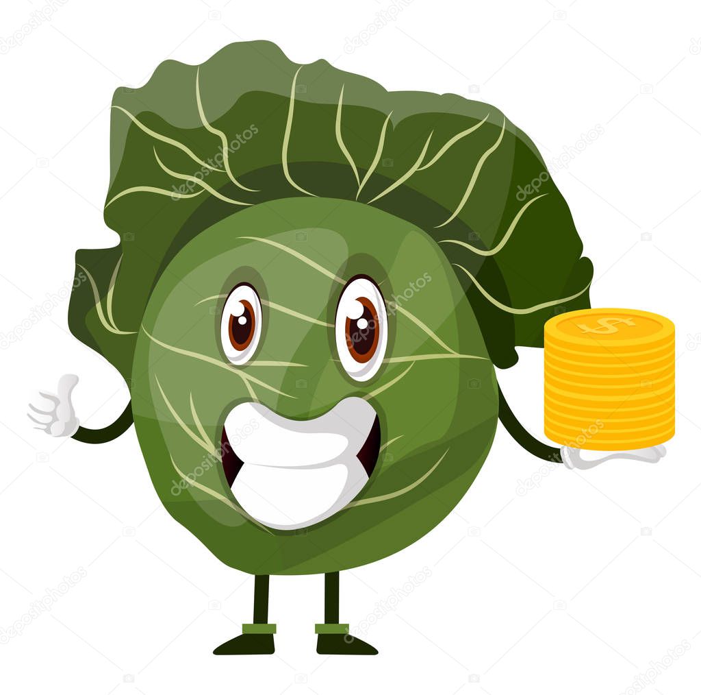 Cabbage is holding a pile of nickels, illustration, vector on wh