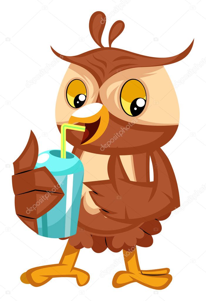 Owl drinking soda, illustration, vector on white background.