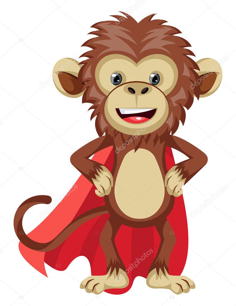 Monkey with red cape, illustration, vector on white background.