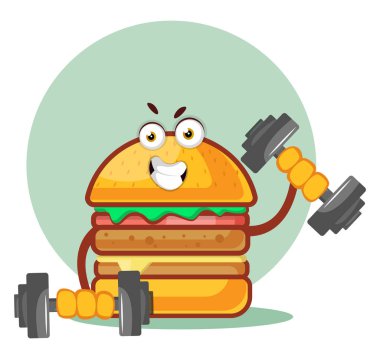 Burger ağırlıkları kaldırıyor, illüstrasyon, beyaz backgro vektör