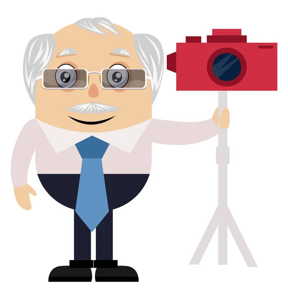 Oude man met rode camera, illustratie, vector op witte backgroun — Stockvector