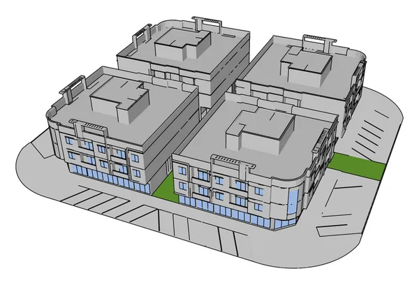 Komplexes Gebäude, Illustration, Vektor auf weißem Hintergrund. — Stockvektor