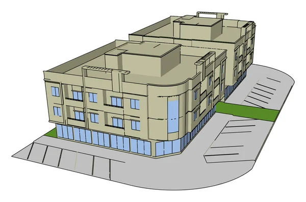 Komplexes Gebäude, Illustration, Vektor auf weißem Hintergrund. — Stockvektor