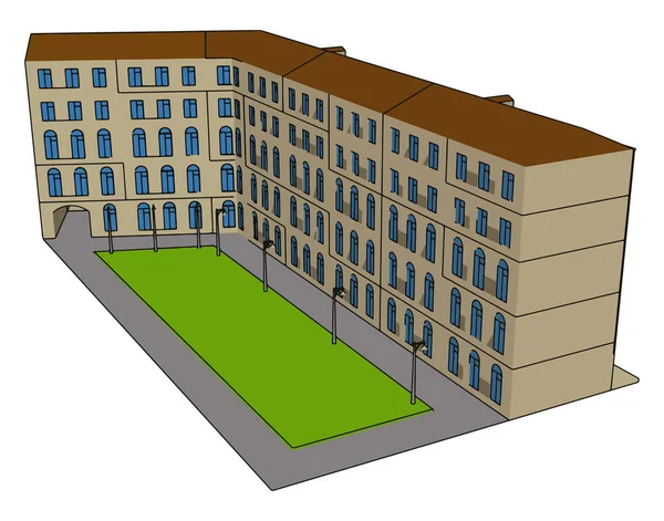 Großes Gebäude mit Rasenfeld, Illustration, Vektor auf weißem Bac — Stockvektor