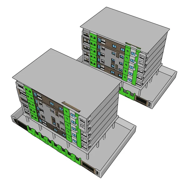 Bâtiment résidentiel vert, illustration, vecteur sur fond blanc — Image vectorielle