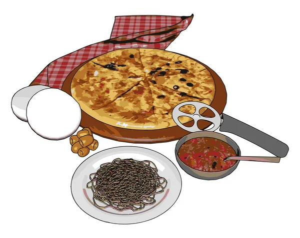 Pizza con espaguetis, ilustración, vector sobre fondo blanco . — Vector de stock