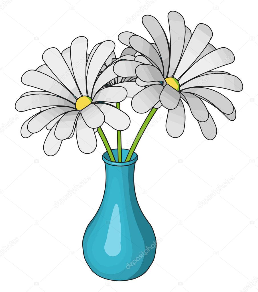 Blue vase with flowers, illustration, vector on white background