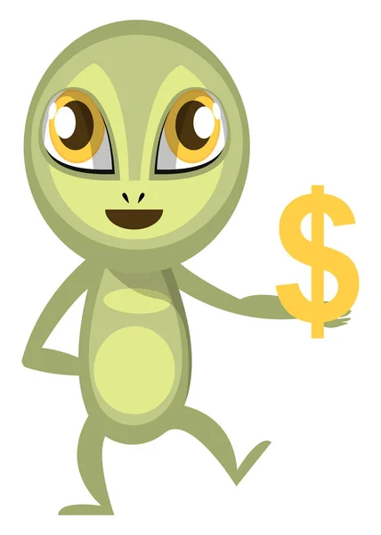 Alien holding dollar sign, illustration, vector on white backgro — Stock Vector