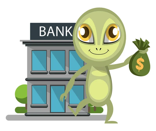 Alien bei der Bank, Illustration, Vektor auf weißem Hintergrund. — Stockvektor