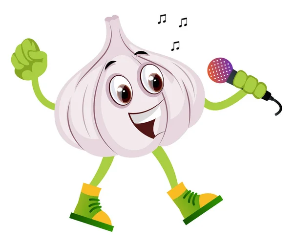 Garlic singing on microphone, illustration, vector on white back — Stock Vector