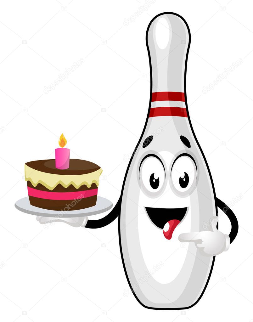 Bowling pin with birthday cake, illustration, vector on white ba
