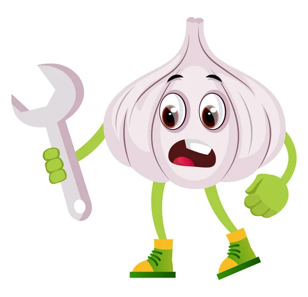 Garlic holding wrench, illustration, vector on white background. — Stock Vector