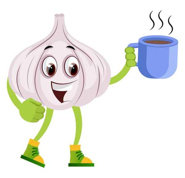 Garlic with cup of coffee, illustration, vector on white backgro — Stock Vector