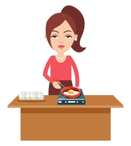 Woman making eggs, illustration, vector on white background. — Stock Vector