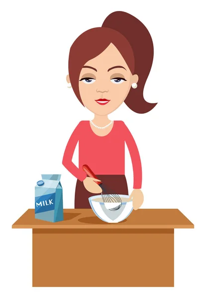 Woman cooking with milk, illustration, vector on white backgroun — Stock Vector