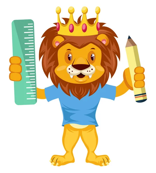 Lion with pen and ruler, illustration, vector on white backgroun — Stock Vector